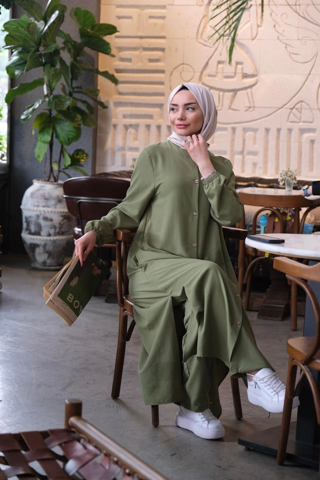 Belo set of dress and pants khaki green