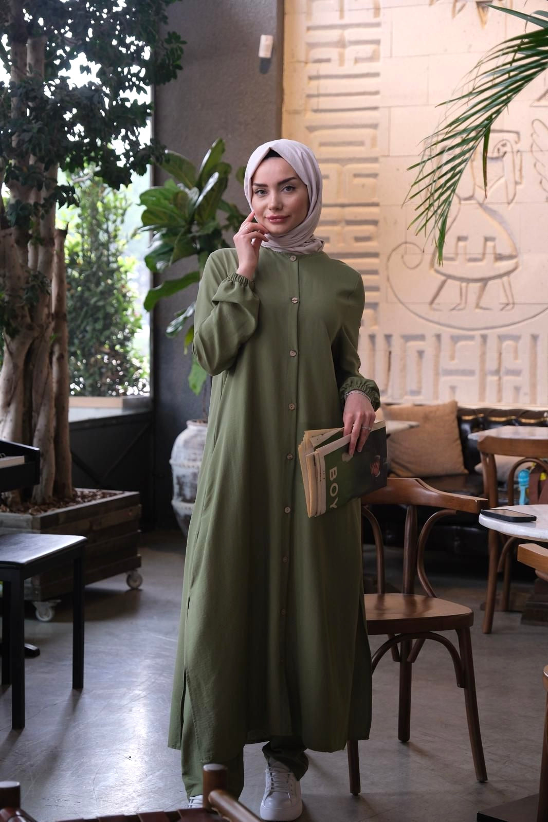 Belo set of dress and pants khaki green